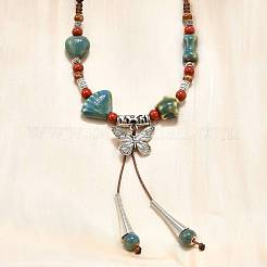 Ethnic Style Alloy & Porcelain Ceramic Beads Butterfly Pendant Tassel Y Necklaces&nbsp;NJEW-D308-01B