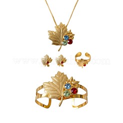 メープルリーフ合金製カラフルラインストーンペンダントネックレス＆スタッドピアス＆カフバングル＆カフリングセット（女性用）  ゴールドカラー  17.72インチ（45cm）&nbsp;WGFFE4E-01