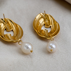 304 Stainless Steel Freshwater Pearl Dangle Stud Earrings for Women&nbsp;EE7584