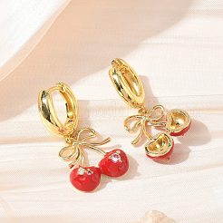 真鍮製マイクロパヴェキュービックジルコニアフープピアス（女性用）  チェリー  エナメル  ラックめっき  長持ちメッキ  鉛フリー＆カドミウムフリー  18KGP本金メッキ  32.5x17mm&nbsp;EJEW-A167-04A-G