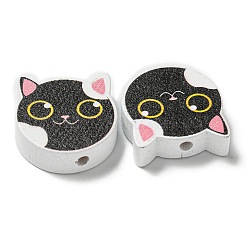 プリントウッドビーズ  猫の形  ブラック  18~18.5x19.5~20x5.5~6.5mm  穴：2~2.5mm&nbsp;WOOD-G022-27E