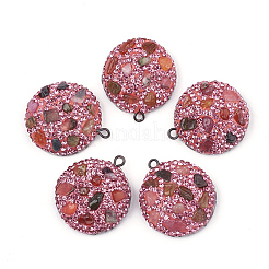 樹脂粘土ラインストーンペンダント  宝石用原石チップとPUレザー  半円  カラフル  26x23x8mm  穴：1.5mm&nbsp;RB-S056-10G