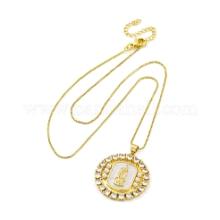 Brass Clear Cubic Zirconia Flat Round with Virgin Mary Pendant Necklaces&nbsp;NJEW-C071-07B-G
