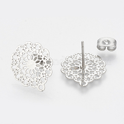 変色しない304ステンレススチールスタッドピアス金具  カン付き  花  ステンレス鋼色  16x14mm  穴：1mm  ピン：0.7mm&nbsp;STAS-S079-34B