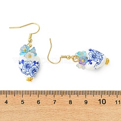 手作りの磁器とアクリルビーズのドロップピアス（女性用）  花とハート  304ステンレススチールピアスフック付き  ゴールドカラー  ライトスカイブルー  40x14.5mm&nbsp;EJEW-JE07329-02
