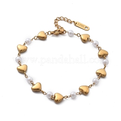 イオンプレーティング（IP）304ステンレススチールリンクブレスレット（女性用）  プラスチックパール付き  ハート  18KGP本金メッキ  6-3/4インチ（17.1cm）&nbsp;BJEW-P345-08G