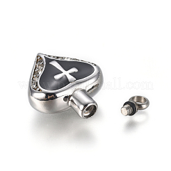 304ステンレスペンダント  エナメルとラインストーン付き  香水瓶  クロスとハート  ブラック  33x22.5x11mm  穴：4mm&nbsp;STAS-L237-13P