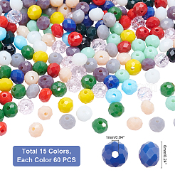 900個15スタイルの不透明ソリッドカラーガラスビーズセット  ファセットロンデル  ミックスカラー  ビーズ：6x4~5mm  穴：1mm  60個/スタイル&nbsp;DIY-PH0003-45