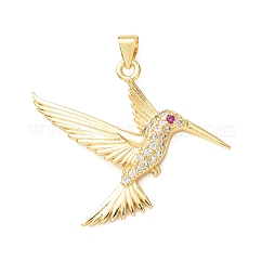 Rack Plating Brass Micro Pave Cubic Zirconia Pendants, Cadmium Free & Lead Free, Real 18K Gold Plated, Hummingbird Charm, Clear, 34x25x3mm, Hole: 3.5x5mm