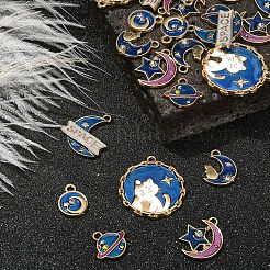 30個6スタイルアロイエナメルペンダント  カドミウムフリー＆鉛フリー  フラットラウンド＆ムーン＆スター  ブルー  12~26x10~23.5x2~2.5mm  穴：1.6mm  5個/スタイル&nbsp;ENAM-CJ0003-07