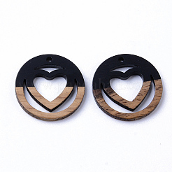 樹脂＆ウォールナットウッドペンダント  ハートと環  ブラック  25x3mm  穴：1.8mm&nbsp;X-RESI-N025-010A-B04