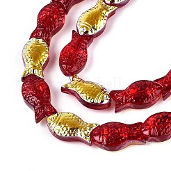 透明電気メッキガラスビーズ連売り  魚  ABカラーメッキ  半分メッキ  ファイヤーブリック  15x8.1x5mm  穴：0.9~1mm  約55個/連  25.59''（65センチメートル）&nbsp;GLAA-T023-40A-10
