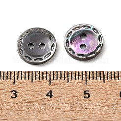 天然貝殻のフラットラウンドボタン、縁は彫刻され中央は凹んでいる  2穴  ブラック  11.5x2mm  穴：1.5mm&nbsp;SH-CBA18B6-02B-04