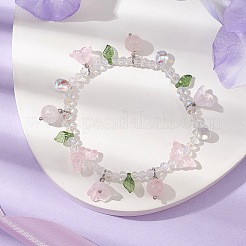 Natural Rose Quartz & Glass Beaded Stretch Bracelet with Flower Charms&nbsp;BJEW-JB10176-02