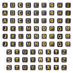 1300 個 26 スタイル不透明なアクリル ビーズ  ゴールドライン入り  文字付きのキューブ  ブラック  a～zの文字  4.5~5x4.5~5x4.5~5mm  穴：2mm  50個/スタイル&nbsp;SACR-TA0001-78