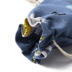 綿と麻の巾着ギフトバッグ  花模様の長方形  ブルー  14x9.7~9.8x0.15~0.3cm&nbsp;ABAG-TAC0006-07B