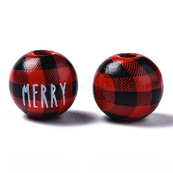 塗られた天然木のヨーロッパのビーズ  大穴ビーズ  印刷  クリスマス  陽気で丸い  レッド  16x15mm  穴：4mm&nbsp;WOOD-S057-037