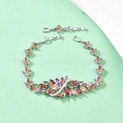 プラチナトーン真鍮マイクロパヴェキュービックジルコニアテニスブレスレット  女性用リンクブレスレット  花  時計バンドの留め金付き  長持ちメッキ  カラフル  9-1/2インチ（24.2x2.55cm）&nbsp;BJEW-B160-06P