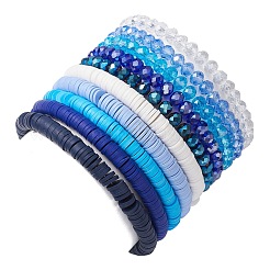 10Pcs Polymer Clay Disc & Glass & Brass Beaded Stretch Bracelets Set&nbsp;BJEW-JB09676-01