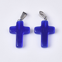 キャッツアイペンダント  ステンレス鋼ヒートンキャップ付き  クロス  ステンレス鋼色  ブルー  28~30x18x6mm  穴：7x3.5mm&nbsp;G-S358-003B