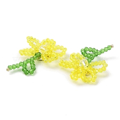 手作りのガラスビーズ編みカボション  DIYジュエリー作りの工芸品  真鍮のパーツと  花  きいろ  40~43x25~30x7~7.5mm&nbsp;GLAA-C028-01B