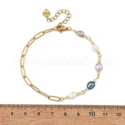Natural Pearl Two Sides Polished Beaded Chain Bracelets with 304 Stainless Steel Paperclip Chains&nbsp;BJEW-JB14234-03