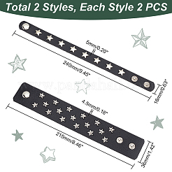 4個2スタイルのイミテーションレザーワイドコードブレスレットセット  プラチナ鉄スターリベットスタッズパンクロックブレスレット男性用  ブラック  8-1/2~9-1/2インチ（21.5~24cm）  2個/スタイル&nbsp;BJEW-GA0001-09