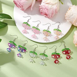花のアクリルとガラスのダングルイヤリング  真鍮製のピアスフック付き  プラチナ  ミックスカラー  46x19mm&nbsp;EJEW-JE06193