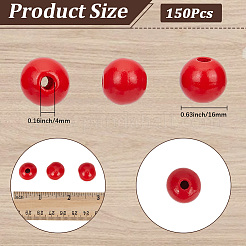 スプレー塗装された丸い天然シマウッドビーズ  レッド  16mm  穴：4mm  150個/セット&nbsp;WOOD-PA0001-81C-01