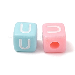 オペークアクリルヨーロピアンビーズ  大穴ビーズ  手紙を持つキューブU  ミックスカラー  10x9x9~9.5mm  穴：4mm  約580個/500g&nbsp;AC-CBA7A73-01U