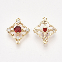 真鍮キュービックジルコニアリンク  18KGP本金メッキ  ニッケルフリー  菱形  レッド  17x14x3mm  穴：1mm  対角長さ：17mm  辺の長さ：10.5mm&nbsp;KK-T038-551B-NF