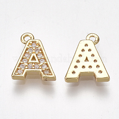 真鍮キュービックジルコニアチャーム  文字L  透明  18KGP本金メッキ  文字.a  10x8x1.5mm  穴：1mm&nbsp;X-KK-S348-330A