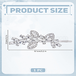 合金ヘアピン1個  クリスタルラインストーン付き  葉  プラチナ  81x32x10mm&nbsp;PHAR-LP0001-05P