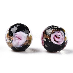 明るい手作りの金の砂のランプワークビーズ  暗闇で光る  花の丸  ミックスカラー  12x11.5mm  穴：1.5mm&nbsp;X-LAMP-T021-03K