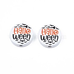 ハロウィンプリント天然木ビーズ  バット＆ワードハロウィンでフラットラウンド  レッドオレンジ  19~20x5.9mm  穴：2~2.2mm&nbsp;WOOD-T021-79