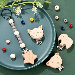 166個6スタイル塗装ラウンドナチュラルラウンドウッドビーズ  スター＆ベア＆エレファント＆キャットヘッドベビーおしゃぶりホルダークリップとナイロンコード付き  DIYニップルクリップ作成用  ミックスカラー  ビーズ：166個/袋&nbsp;WOOD-LS0001-42