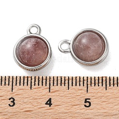 天然ストロベリークォーツ半円形チャーム  304ステンレススチール製金具付き  プラチナ  13.5x10.5x6.5mm  穴：1.8mm&nbsp;STAS-L022-397A-P