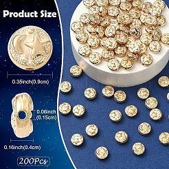 メッキABSプラスチックビーズ200個  月と星のフラットラウンド  ライトゴールドメッキ  9x4mm  穴：1.5mm&nbsp;KY-YW0002-29