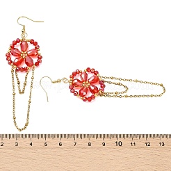 電気メッキ加工を施したガラス編み込みのドロップピアス（女性用）  花  304ステンレススチールダングルイヤリング  18KGP本金メッキ  レッド  93.5x25.5mm&nbsp;EJEW-MZ00795-02
