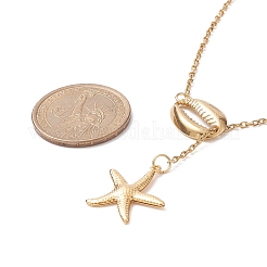 304ステンレススチールシェルとスターペンダントのラリアットネックレス、女性用  ゴールドカラー  19.37インチ（49.2cm）&nbsp;NJEW-JN04208-01