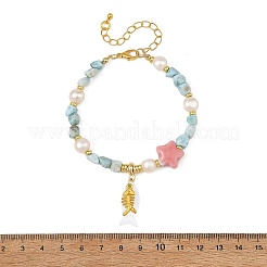 Summer Alloy Fishbone and Natural Shell Fish Charm Bracelets&nbsp;BJEW-JB14438