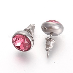 304ステンレススチールスタッドピアス  ラインストーン付き  フラットラウンド  ローズ  10x6mm  ピン：0.9mm&nbsp;EJEW-F182-A03