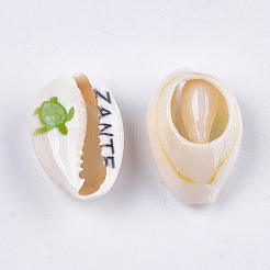 プリントカウリーシェルビーズ  穴なし/ドリルなし  ウミガメ＆ザンテ模様  黄緑  18~21x11~14x6~8mm&nbsp;SHEL-S276-12E