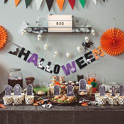 ハロウィン装飾紙旗バナー  ケーキトッパー付き  ケーキ入りカード  手紙/墓/幽霊/カボチャ  カラフル  包装：2320x190x22mm&nbsp;DIY-WH0453-12A