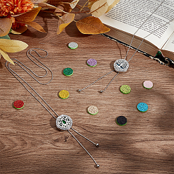 2Pcs 2 Styles Adjustable Stainless Steel Hollow Flat Round Diffuser Locket Pendant Lariat Necklaces&nbsp;NJEW-PH0001-49