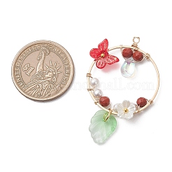 Faceted Round Natural Mixed Stone & Glass Butterfly & Plastic Flower Pendants&nbsp;PALLOY-JF05043