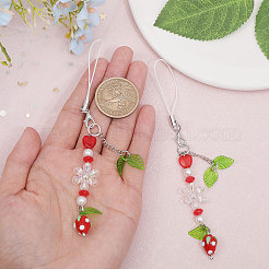 Strawberry & Leaf & Flower Handmade Lampwork Mobile Straps&nbsp;HJEW-WH0007-31