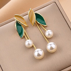 合金エナメル＆プラスチックパールスタッドピアス  葉  ゴールドカラー  グリーン  65x14mm&nbsp;WG48C65-02