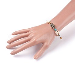 調節可能なナイロンコード子供編組ブレスレット  カウリーシェルビーズと電気メッキシーシェルビーズ  ウッドビーズ  合成ターコイズ  ゴールド  1-5/8インチ（4cm）〜2-1/2インチ（6.6cm）&nbsp;BJEW-JB04090-02