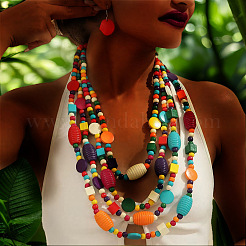 Bohemian Style Wood Barrel & Cube & Flat Round Beaded Multilayer Necklaces & Dangle Earrings Sets&nbsp;FS-WG5D833-01